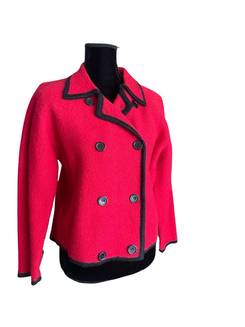 Vintage Women's Red Double-Breasted Pea Coat with Black Trim